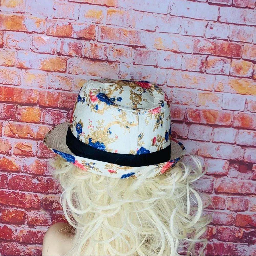 Cream Floral Retro Straw Brim Fedora Hat